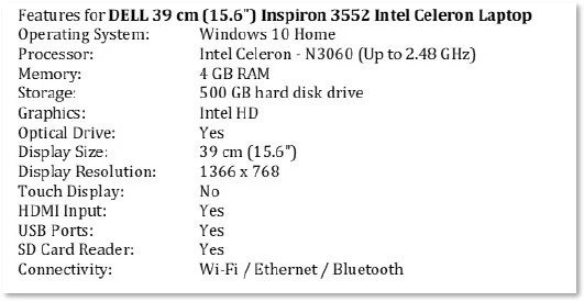 Dell Laptop Specifications List